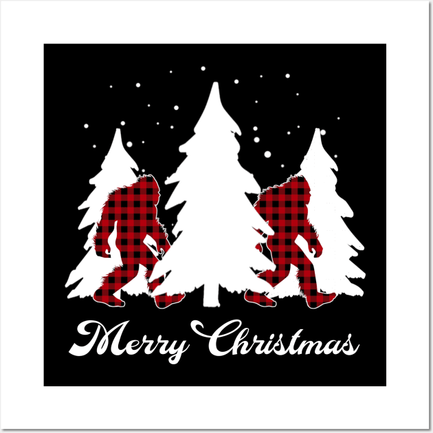 Buffalo Plaid Bigfoot Merry Christmas Tree Xmas Sasquatch Wall Art by Sincu